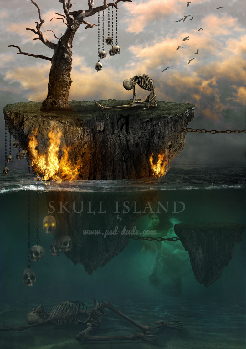 Остров с черепами посреди моря в Фотошопе