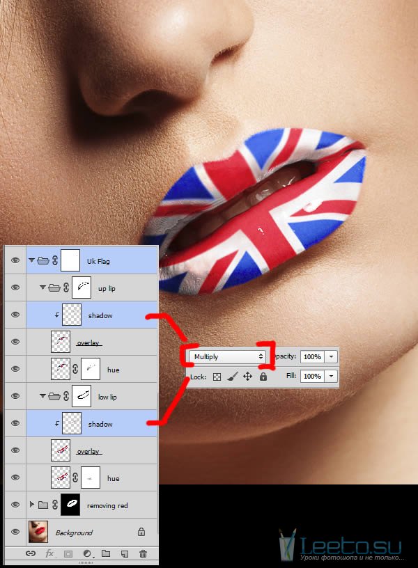 Британский флаг на губах в Фотошопе